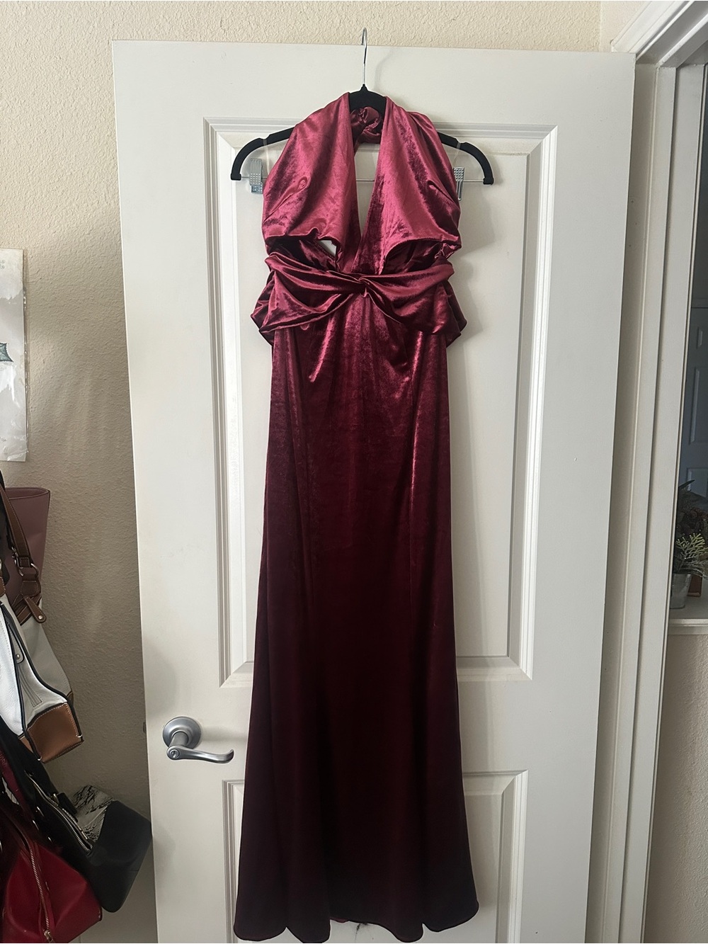Oh Polly Velvet Burgundy Halter Maxi Dress
